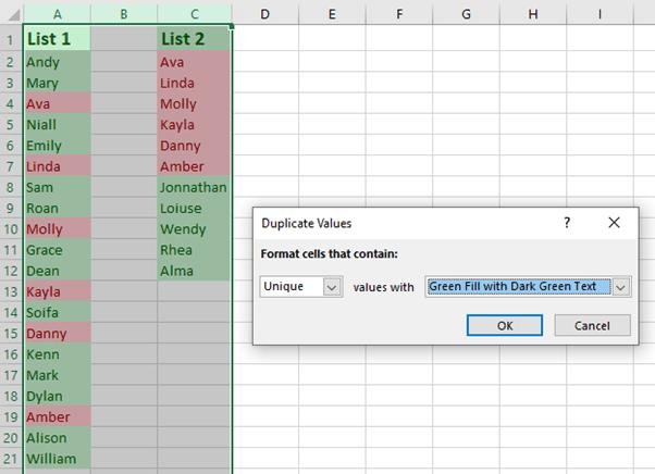 ách so sánh hai tập dữ liệu trong Excel tìm ra sự trùng lặp và khác biệt